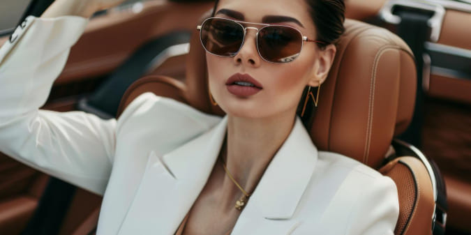 a sugar mommy in a white suit and sunglasses