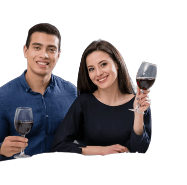 a man and woman holding wine glasses
