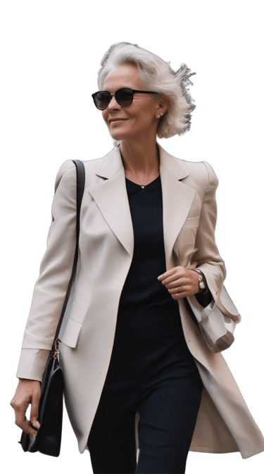 a sugar mommy in a black top and a white coat