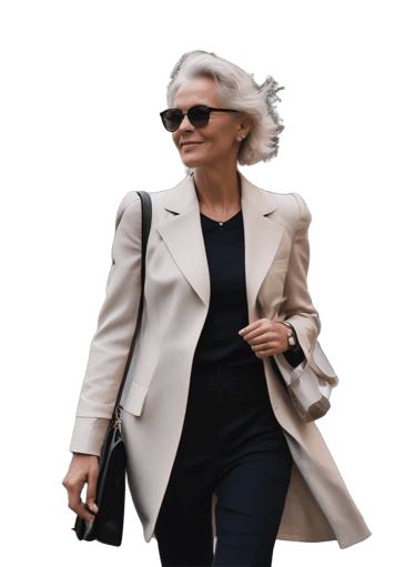 a sugar mommy in a black top and a white coat